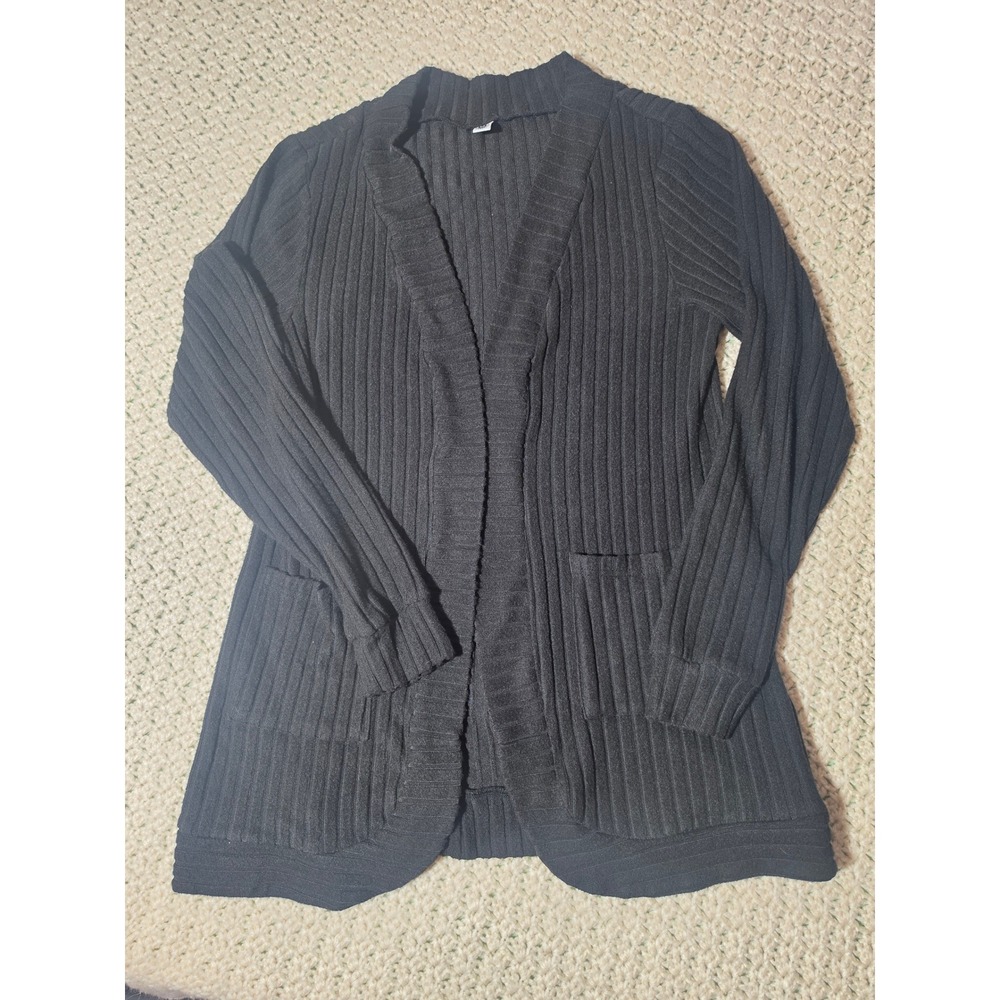 Your Style Ribbed Open Front Cardigan Women Medium Black Excellent Pockets